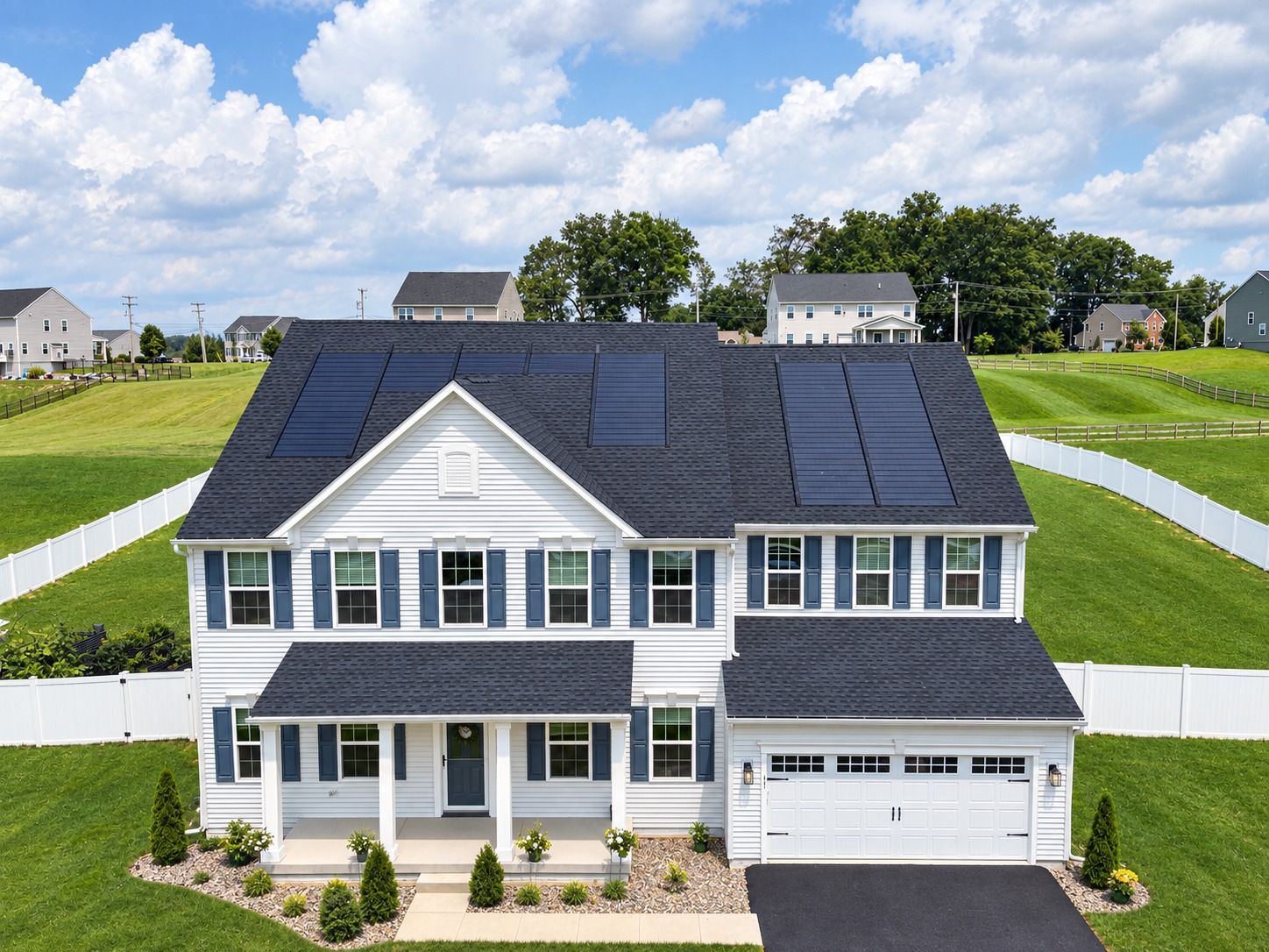 Two-story home with a dark shingle roof, white siding and rooftop solar panels