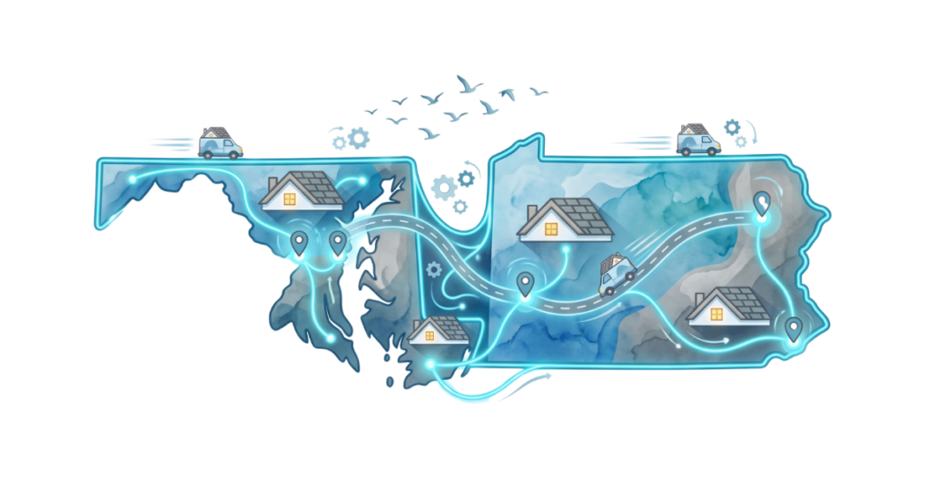 Illustrated map of Maryland and Pennsylvania with service locations
