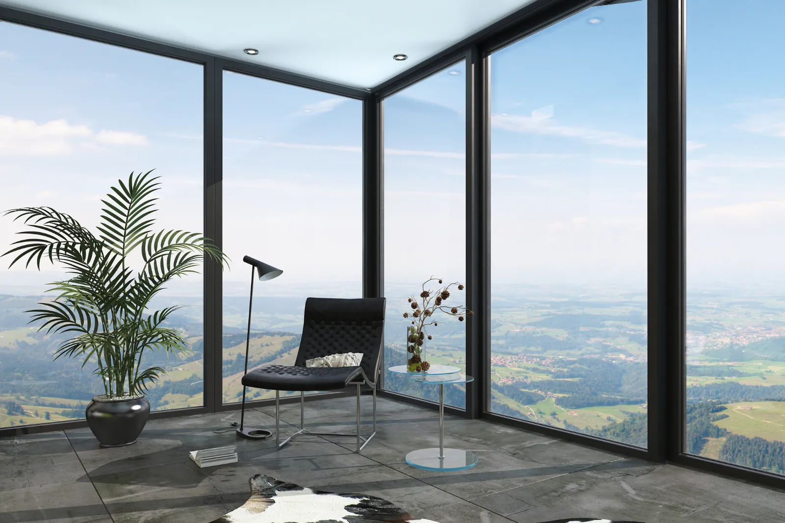 Glass-walled room with smart film off and a clear view outside