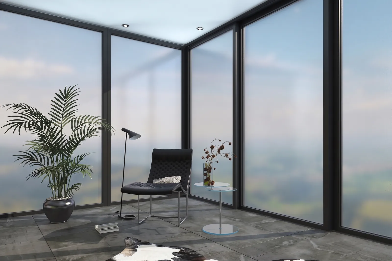 Glass room with smart film switched to private